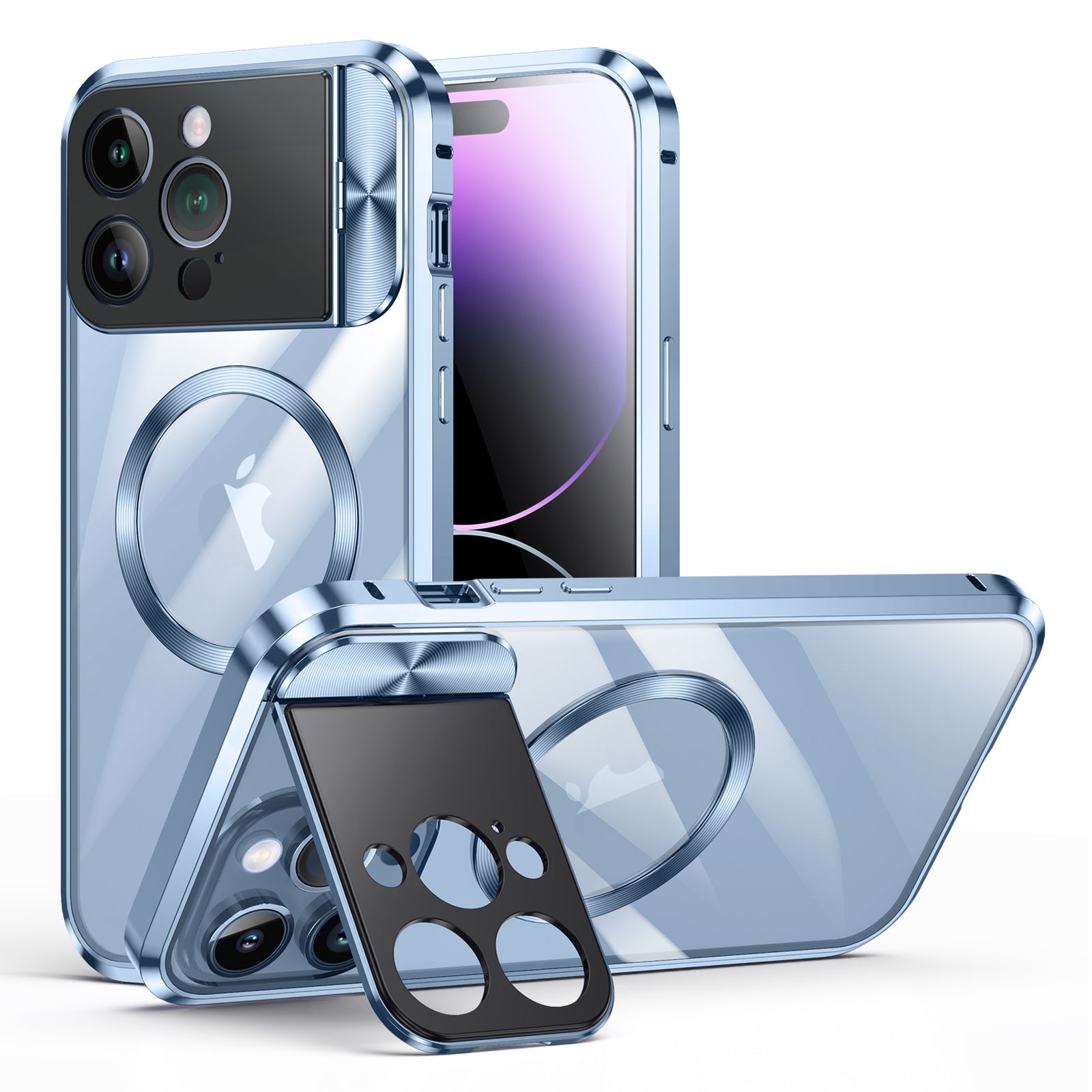 Kickstand Case for iPhone 14 Pro Tempered Glass+Aluminum Alloy+PC Phone Cover Compatible with MagSafe - Blue Kickstand Case for iPhone 14 Pro Tempered Glass+Aluminum Alloy+PC Phone Cover Compatible with MagSafe - Blue